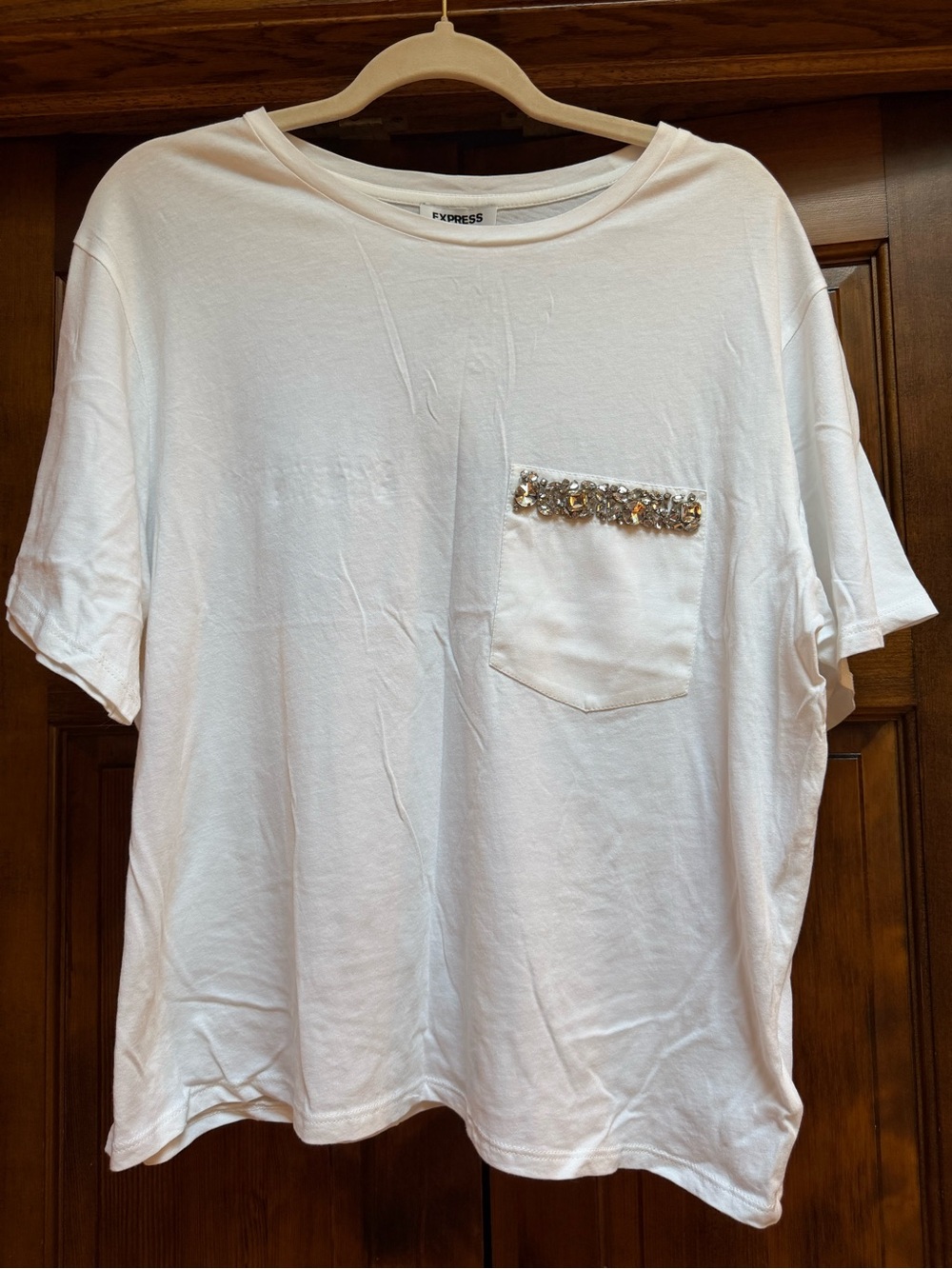 Express White Rhinestone Embellished Tee, Size Large